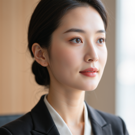 三十八岁左右中年女性头像，穿职业套装，深色外套，白色衬衫，商务背景，体现年轻有为的交易专家形象