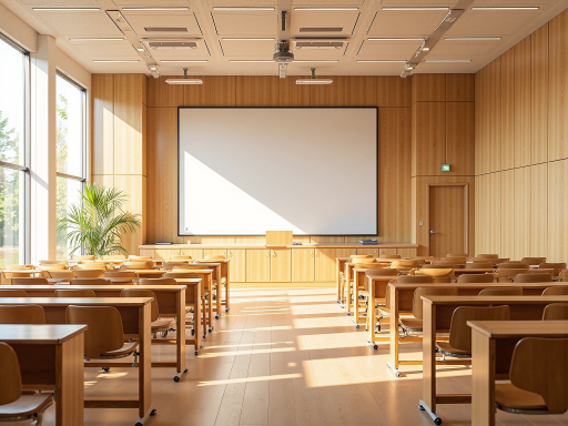 现代化培训教室内部场景，整齐排列的座椅，投影屏幕显示课程内容，明亮自然光环境下体现专业学习氛围